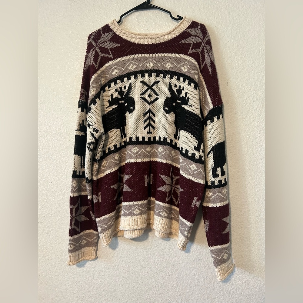 Idea Series Maroon and Beige Moose Sweater ‎ Small Silk Acrylic Blend Oversized